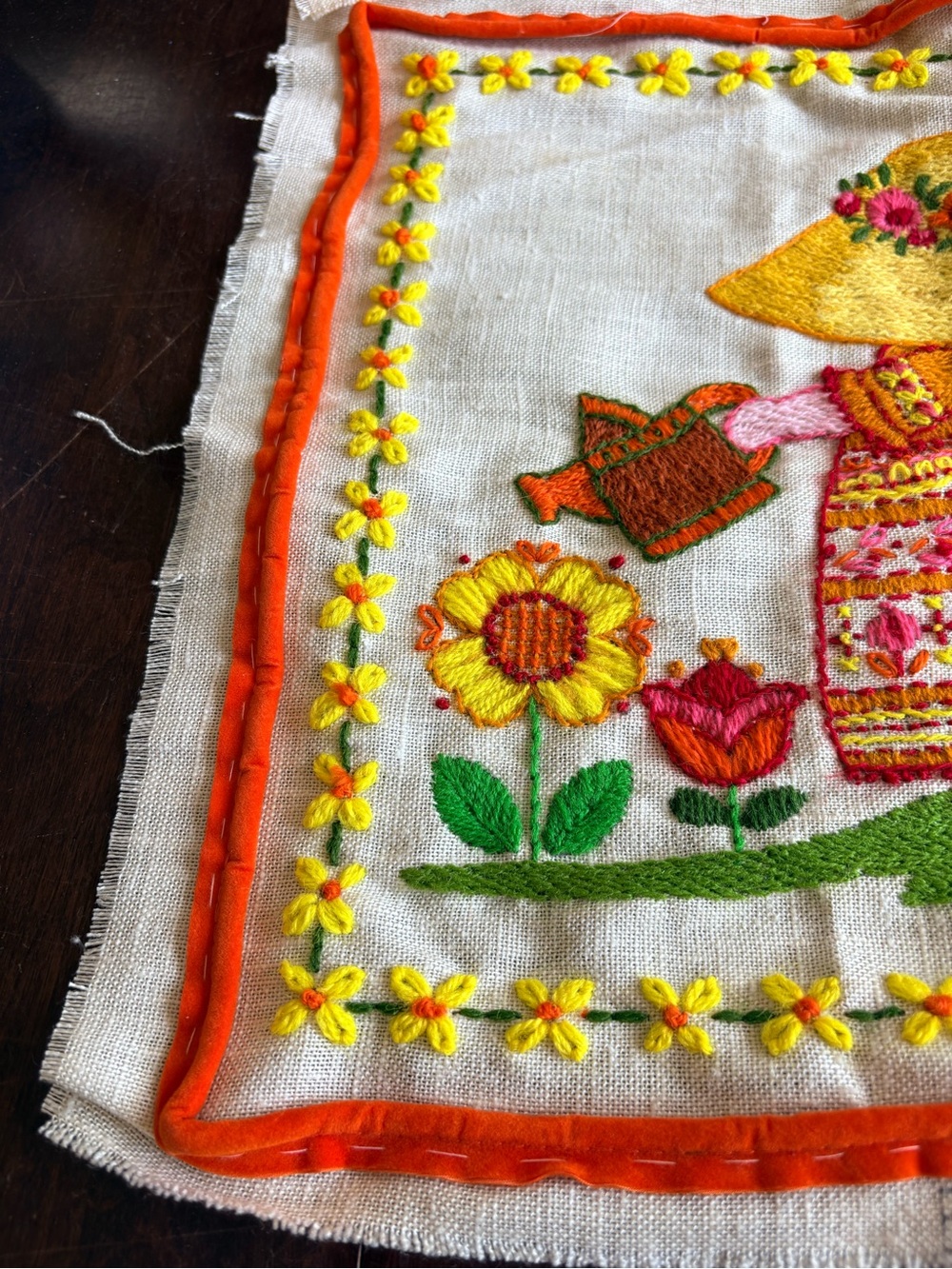 Crewel Sunbonnet Girl Floral Linen Square - Picture 3 of 5